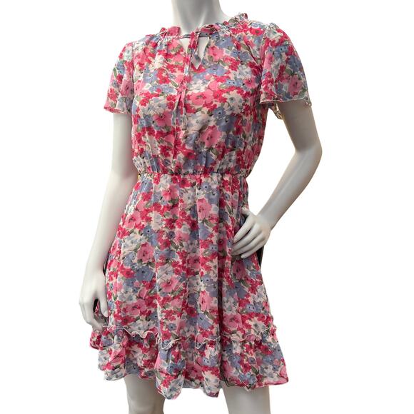 Women Floral Round Neck Short Sleeve Chiffon Elastic Waist Swing Midi Dress S - Picture 2 of 8